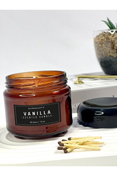 AURAGIFTT 300ml Amber Cam Kavanoz Mum, Kapaklı, Vanilyalı, Siyah Etiket