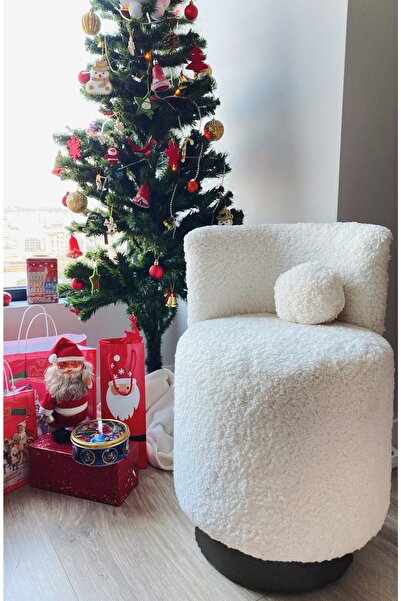 S Home Design Concept Cookie Mini Puf, Teddy, Siyah Detaylı-beyaz