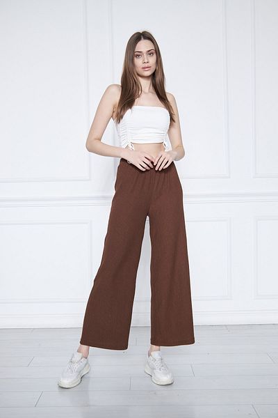 brako tekstil Women's Black Trousers Large Size Waist Elastic Wide Leg Börülce Fabric Trousers