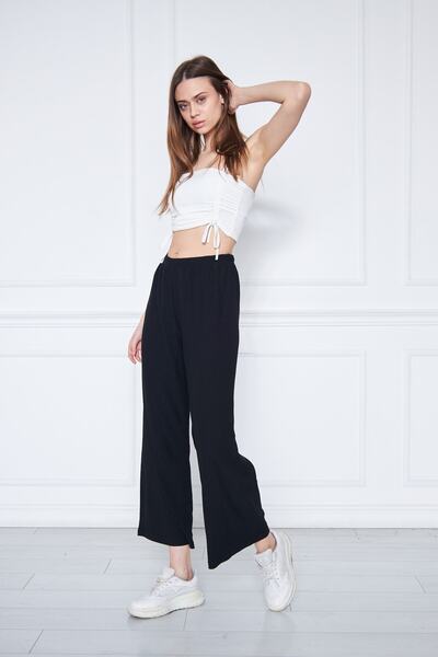 brako tekstil Women's Black Trousers Large Size Waist Elastic Wide Leg Börülce Fabric Trousers