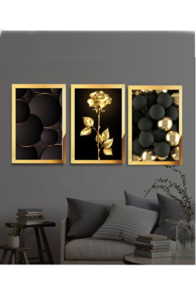 YOKTAYOK Pleksi Çerçeveli Gold Çiçek Tablo 3lü