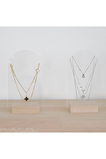 Kpleksi Yona Pleksi Kolye Askısı Oval Form 3'lü Set, Akrilik Ve Ahşap Stant, Akrilik Takı Organizeri