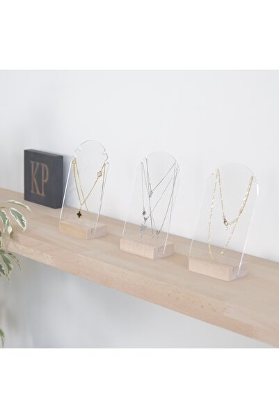 Kpleksi Yona Pleksi Kolye Askısı Oval Form 3'lü Set, Akrilik Ve Ahşap Stant, Akrilik Takı Organizeri