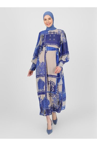 Refka Saks Beige Chiffon Hijab Dress - Balloon Sleeve and Belted Shawl Pattern - Woman