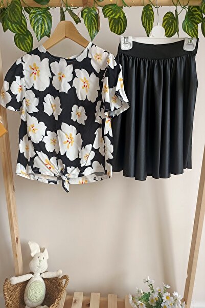 DFN Κοριτσίστικη μπλούζα και φούστα με πλισέ δερμάτινη φούστα κοσμήματα