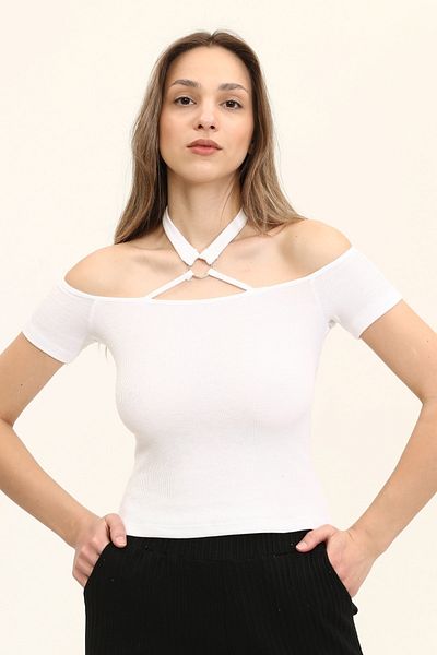 KİM Kİ O Femei Culoare Albă Față și Spate Guler Madonna Gât Inel Tricotat Biuz