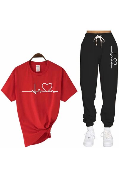 BE QUEEN Special Production White Heartbeat Printed Short Sleeve Summer Women's Tracksuit Set