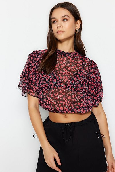 Trendyol Collection Multicolored Crop Floral Patterned Woven Blouse TWOSS20BZ1657