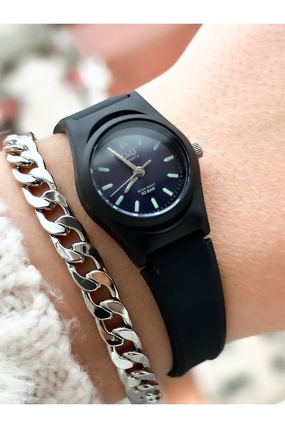 Q&Q Brand Black Color, Silicone Band, Small Case, Wristwatch with Numbers + Bracelet