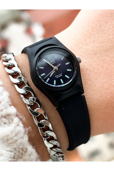 Q&Q Brand Black Color, Silicone Band, Small Case, Wristwatch with Numbers + Bracelet