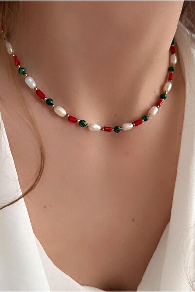 Serline Desing 925 Ayar Patentli -malahit-mercan-inci Kolye-doğaltaş Kolye