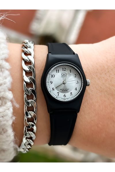 Q&Q Brand Black Silicone Band Small Case Numeral Wristwatch + Bracelet