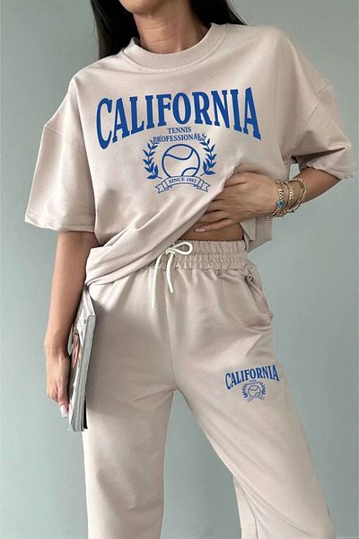 Keywest Plus Size Summer California Tennis Printed Oversize Bottom Top Unisex Tracksuit Set