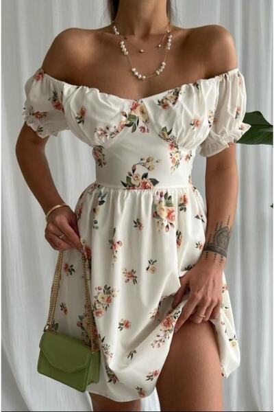 MELEK KOSTAK فستان نسائي أبيض بأكمام بطيخ بأزهار بيضاء منقوشة بياقة مادونا