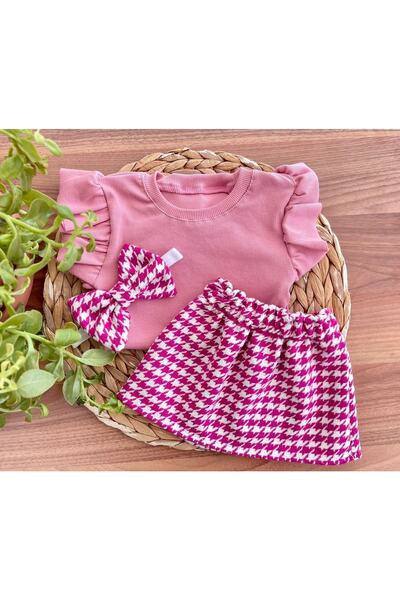 AKİF GİYİM Girl's Houndstooth Skirt Badi Bandana Set