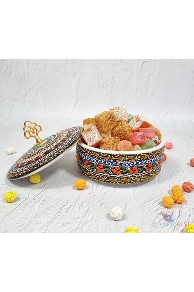 Zeynep Çini Şekerlik Çini Kapaklı Aile Deseni Çini Şekerlik Lokumluk Renkli