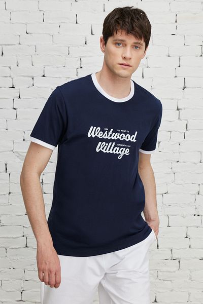 AC&Co / Altınyıldız Classics Pánské tričko Slim Fit s úzkým střihem a výstřihem ze 100% bavlny s potiskem na přední straně