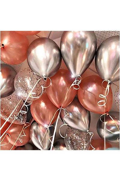 Deniz Party Store 6 Pieces of Chrome Silver, 6 Pieces of Rose Gold Metallic, Transparent Balloon with Silver Confetti, 6 Pieces of Balloon Set