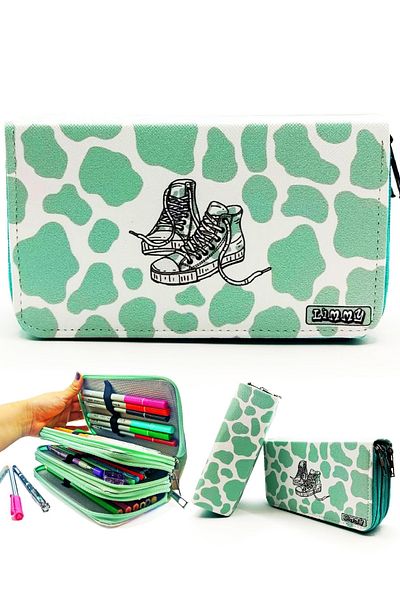Limmy Μολυβοθήκη Cow Pattern Kawai Organizer Θήκη στυλό Vegan Δερμάτινη θήκη για στυλό τριών θέσεων - Πράσινη