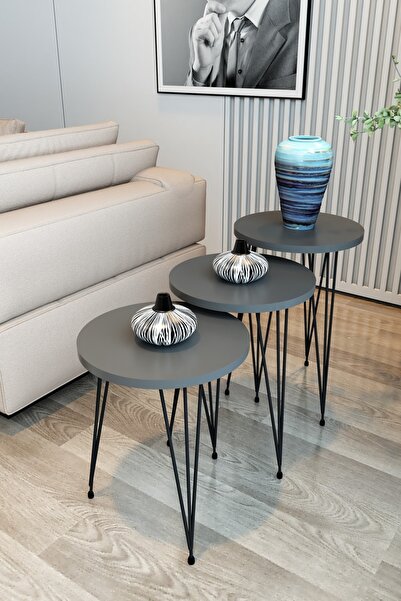 Modalanka 3'lü Zigon Sehpa Yuvarlak Model Zigon Sehpa Metal Tel Ayak Orta Sehpa