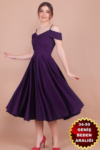bayansepeti Flexible Atlas Fabric Low Shoulder Detailed Pleated Strap Midi Plum Evening Dress 342