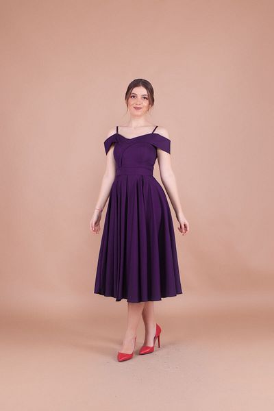 bayansepeti Flexible Atlas Fabric Low Shoulder Detailed Pleated Strap Midi Plum Evening Dress 342