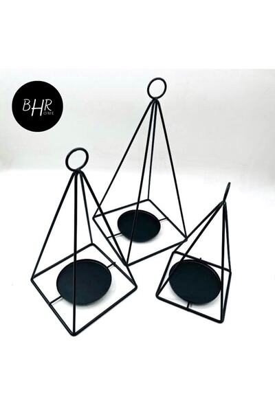 BHRHOME Özel Tasarım Ferforje Piramit 3'lü Siyah Mumluk