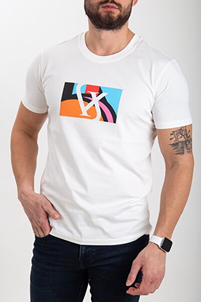 WELLHS Erkek Ekru Desen Içi Logo Baskılı Regular Fit T-shirt