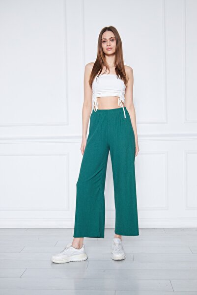 brako tekstil Women's Green Trousers Large Size Waist Elastic Wide Leg Börülce Fabric Trousers