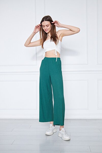 brako tekstil Women's Green Trousers Large Size Waist Elastic Wide Leg Börülce Fabric Trousers
