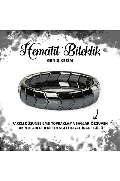 Deniz Doğal Taş Certified Hematite Natural Stone Fish Back Wide Cut Bracelet