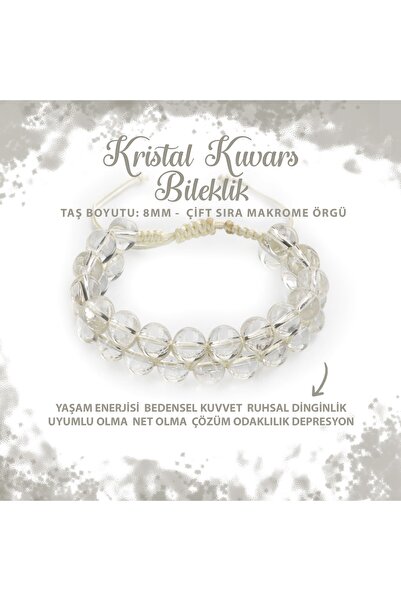 Deniz Doğal Taş Sertifikalı Kristal Kuvars 8mm Çift Sıra Makrome Doğal Taş Bi...