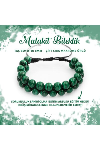 Deniz Doğal Taş Sertifikalı Malakit 8mm Çift Sıra Makrome Doğal Taş Bileklik