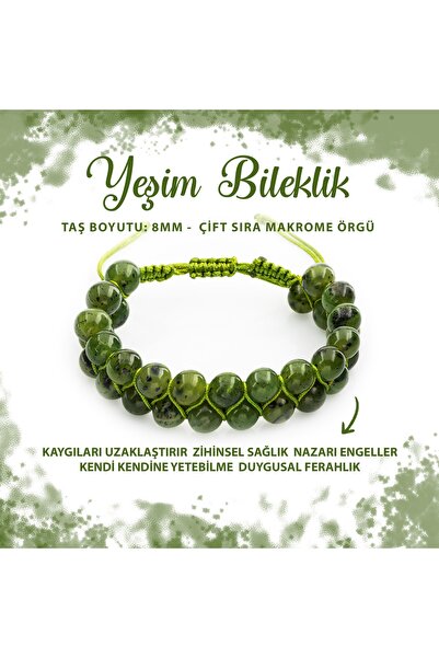 Deniz Doğal Taş Sertifikalı Yeşim 8mm Çift Sıra Makrome Doğal Taş Bileklik