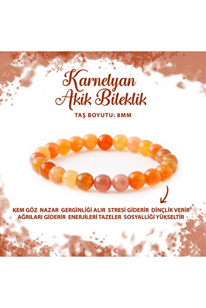 Deniz Doğal Taş Sertifikalı Karnelyan Akik 8mm Doğal Taş Bileklik