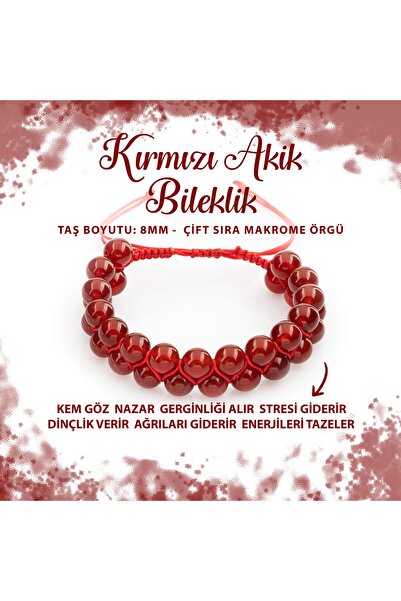 Deniz Doğal Taş Sertifikalı Kırmızı Akik 8mm Çift Sıra Makrome Doğal Taş Bile...