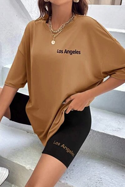 MODAGEN Kadın Oversize Kahverengi Baskılı Tshirt-tayt Takım