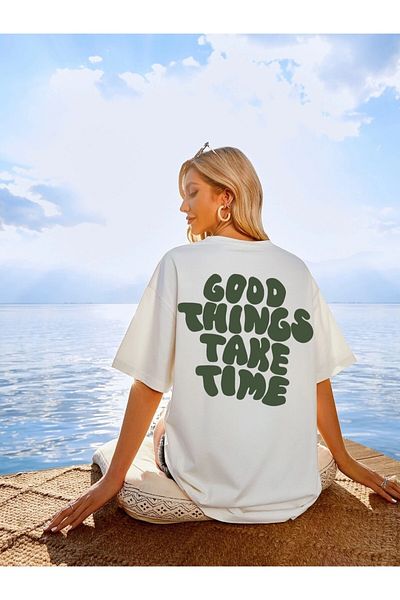 Keywest Tricou alb unisex cu imprimeu supradimensionat - Good Things Take Time