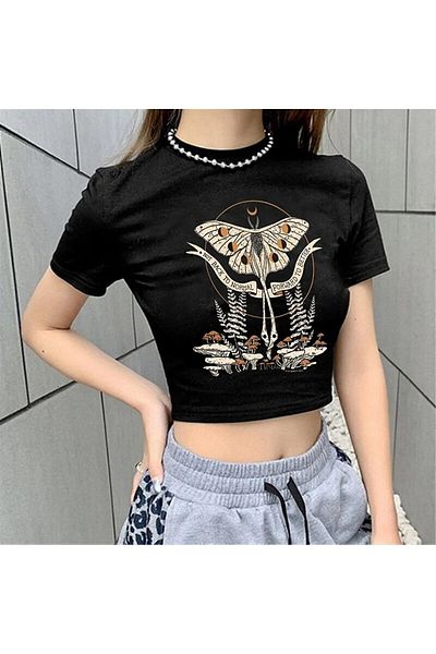 Gofeel Not Back To Normal Patterned Black Color Harajuku Women's Crop Blouse T-Shirt