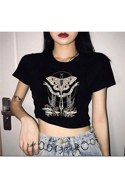 Gofeel Not Back To Normal Patterned Black Color Harajuku Women's Crop Blouse T-Shirt