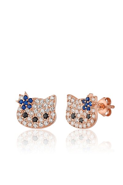 Zanaatsilver 925 Ayar Gümüş Rose Kaplama Zirkon Taşlı Yıldızlı Kedi Küpe