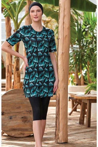 MARESİVA Short Sleeve Lycra Digital Pattern Hijab Pool Swimsuit