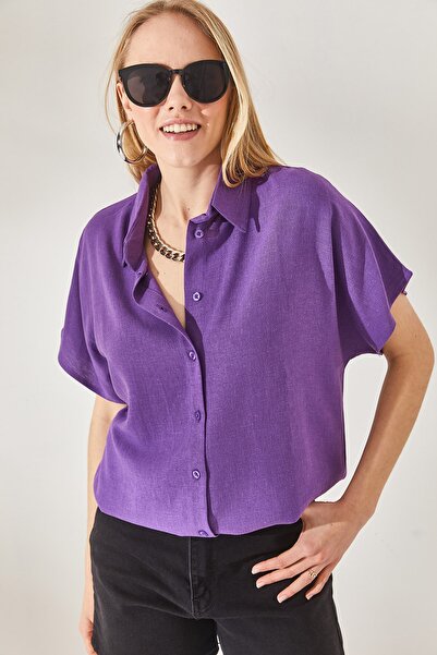 Olalook Γυναικείο λινό πουκάμισο Oversize μωβ νυχτερίδα GML-19001109