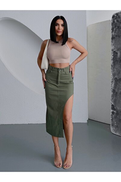 LB Laluna Butik Women's Deep Slit High Waist Midi Length Skirt Gabardine Fabric