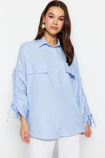 Trendyol Modest Cămașă din bumbac țesută cu mâneci albastru deschis, cu șnur ajustabil TCTSS23TG00011