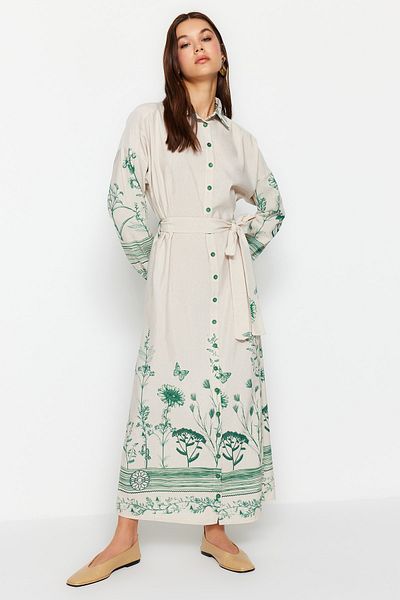 Trendyol Modest Tkané košilové šaty Ecru s květinovým vzorem TCTSS23EB00363