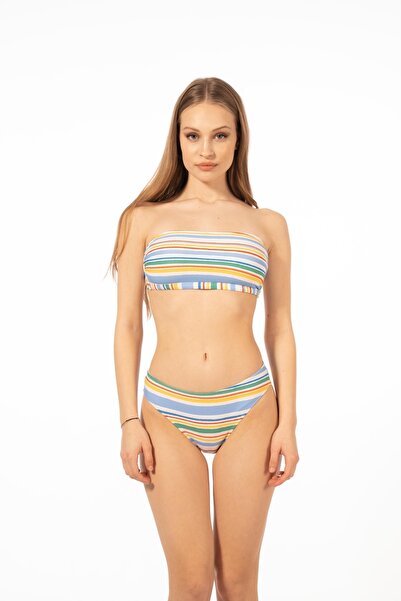 Estiva Set de bikini cu bretele subțiri cu guler plat cu model în dungi pentru femei