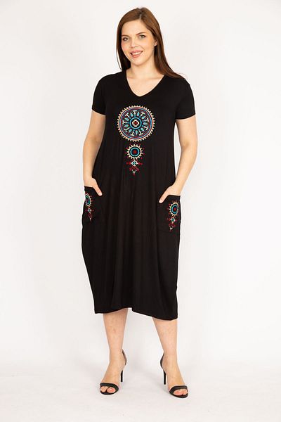Şans Γυναικείο Φόρεμα Μαύρο Plus Size Κέντημα Λεπτομερές 65n36020