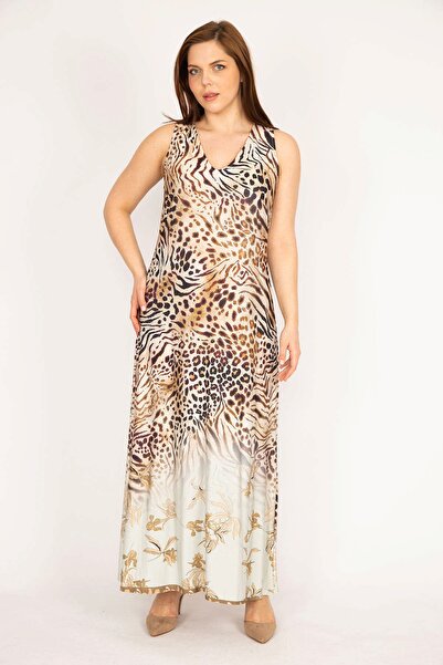 Şans فستان نسائي طويل بطبعة جلد الفهد مقاس كبير مع رقبة على شكل حرف V 65n36024