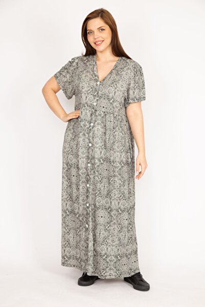 Şans Women's Black Plus Size Front Length Button Pocket Long Dress 65n36011